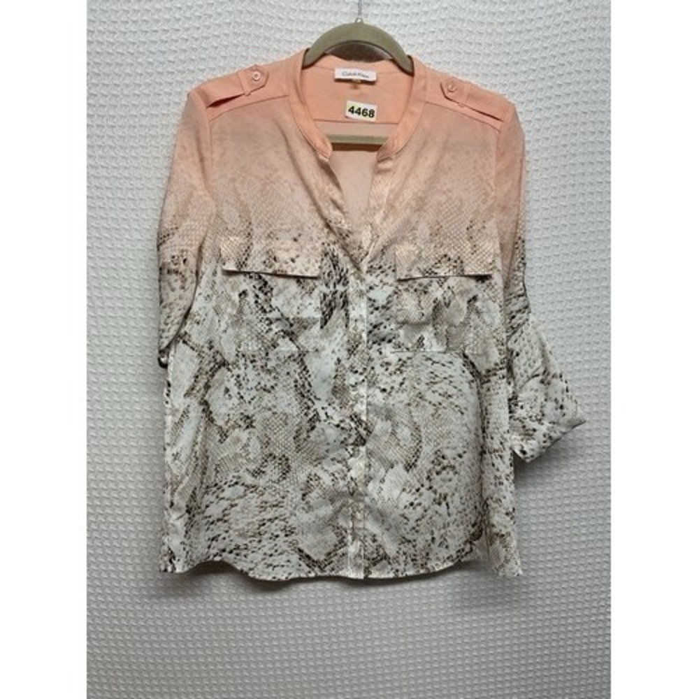 Calvin Klein Salmon Snake Print Roll Tab Sleeve V-Neck Blouse Women L Indonesia
